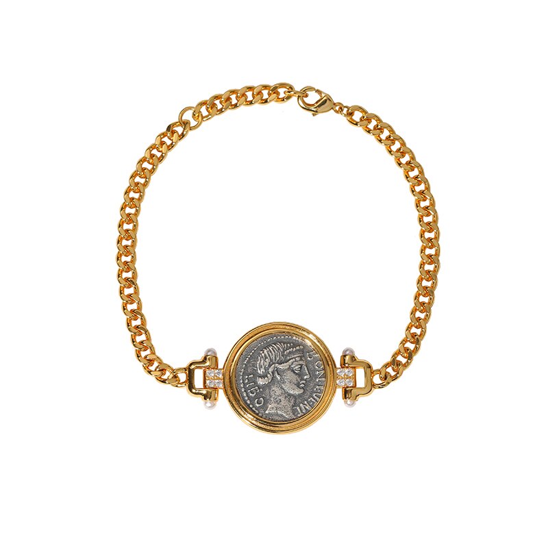 Pulseira de Moeda Romana Bônus Eventus ⚬ Amuleto do Sucesso, Pingente Réplica de Denário de Prata Antigo ⚬ BON. EVENT. LIBO. Joia da República Romana com Relevo Dupla Face