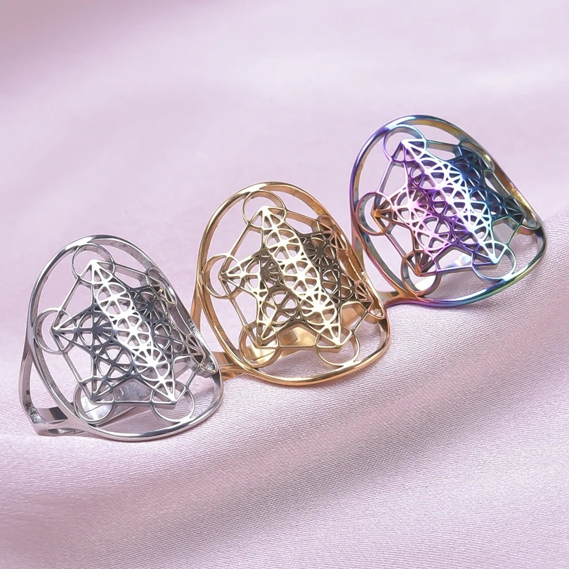 Archangel Metatron Cube Ring 5-pc Bundle โข Witchy Silver-Gold-Rainbow Adjustable Occult Magick Jewelry โข Five Sacred Geometry Rings Set โข Apollo Tarot Shop