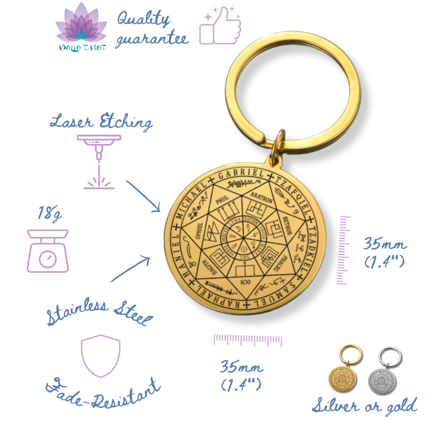 Sigil Of The Seven Archangels Keyring • Solomon Seal Kabbalah Amulet Pendant Keychain • Stainless Steel Talisman Charm Jewelry • Apollo Tarot Shop