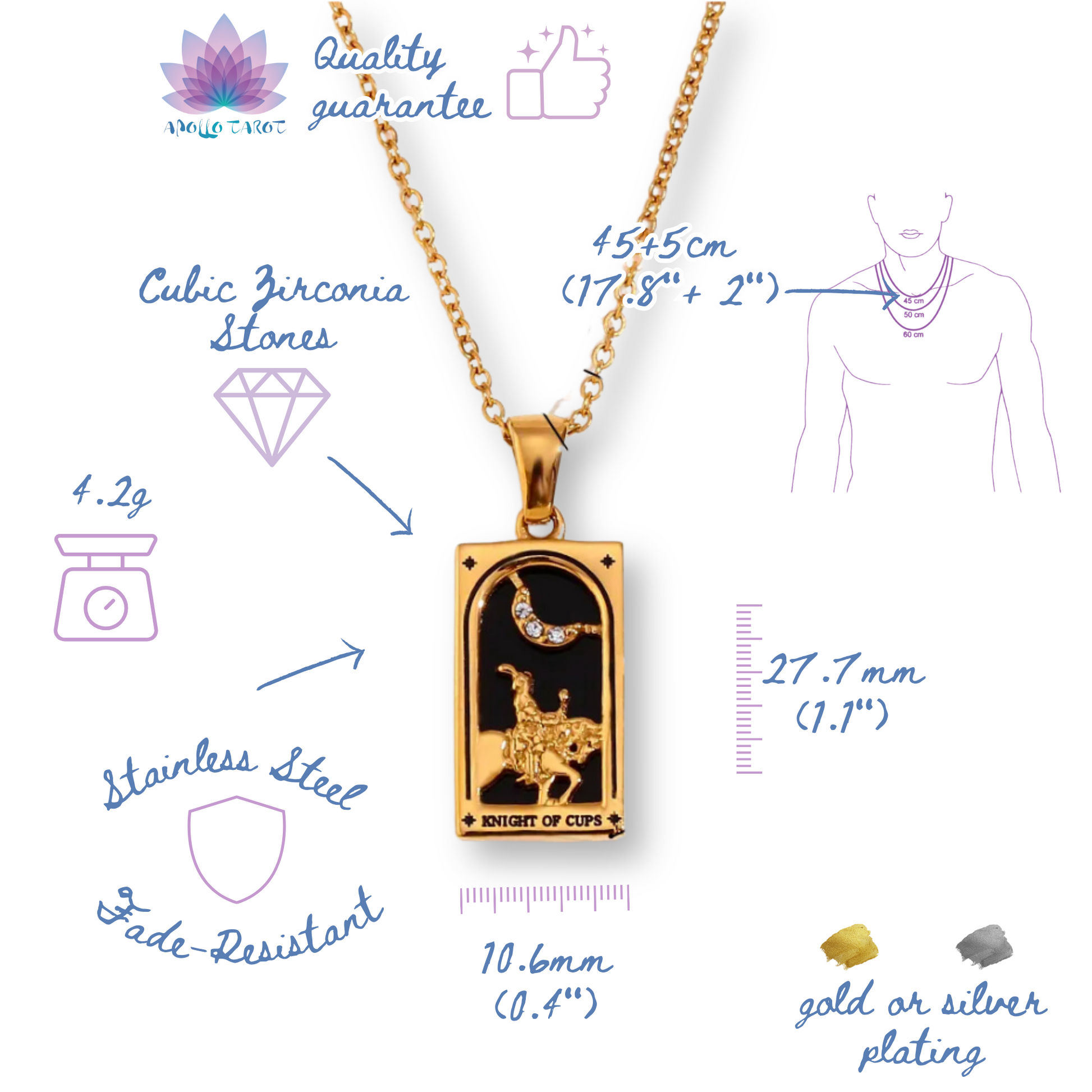 Tarot Card Necklace • Cubic Zirconia Silver Or Gold-Plated Stainless Steel Dainty Pendant • Major Arcana Cards Jewelry For Witchy Women • Apollo Tarot Shop