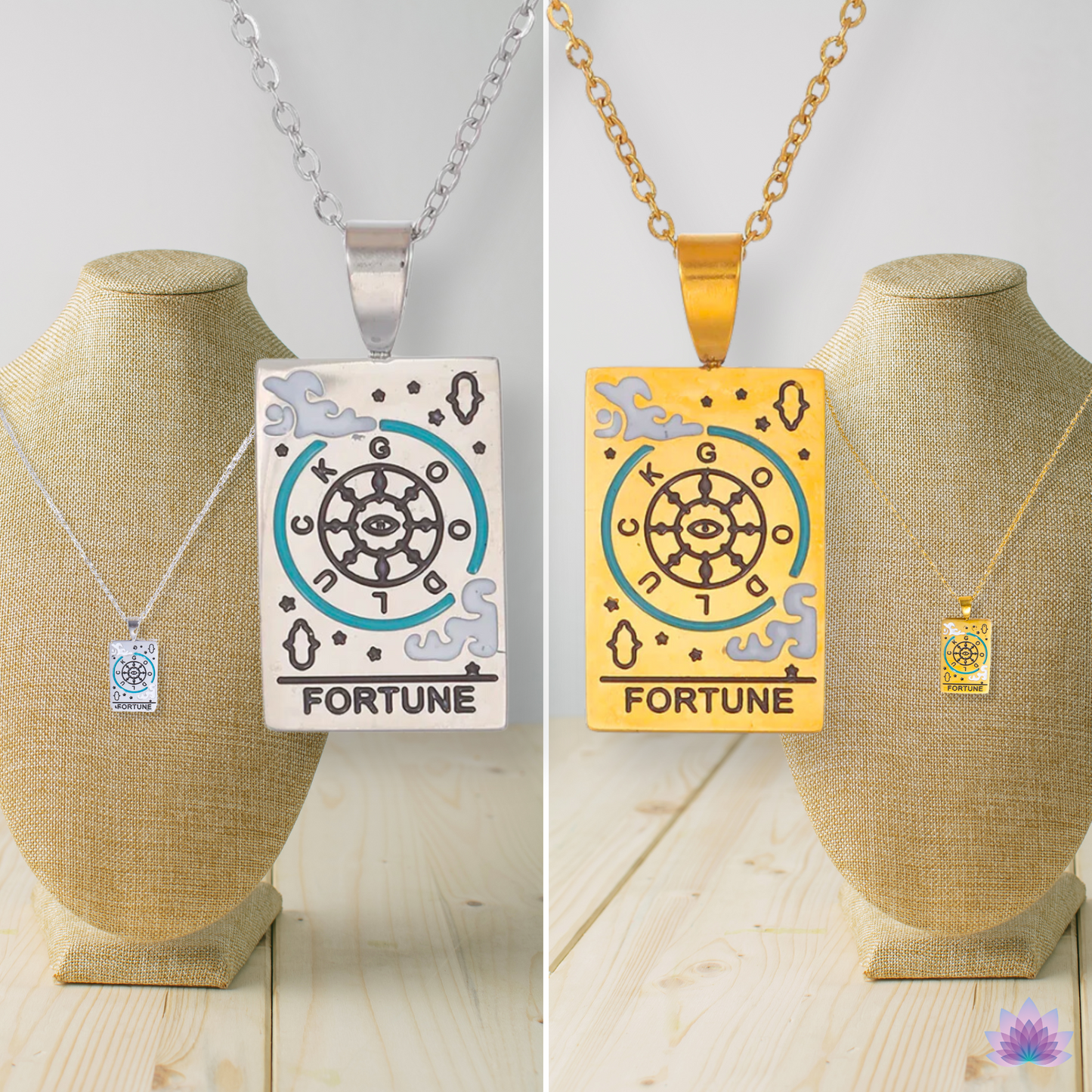 Tarot Card Necklace Of The World, Lovers, Star, Fortune & Moon Cards In Silver Or Gold Plated Stainless Steel • Dainty Chain Witchy Pendant • Apollo Tarot Online Shop