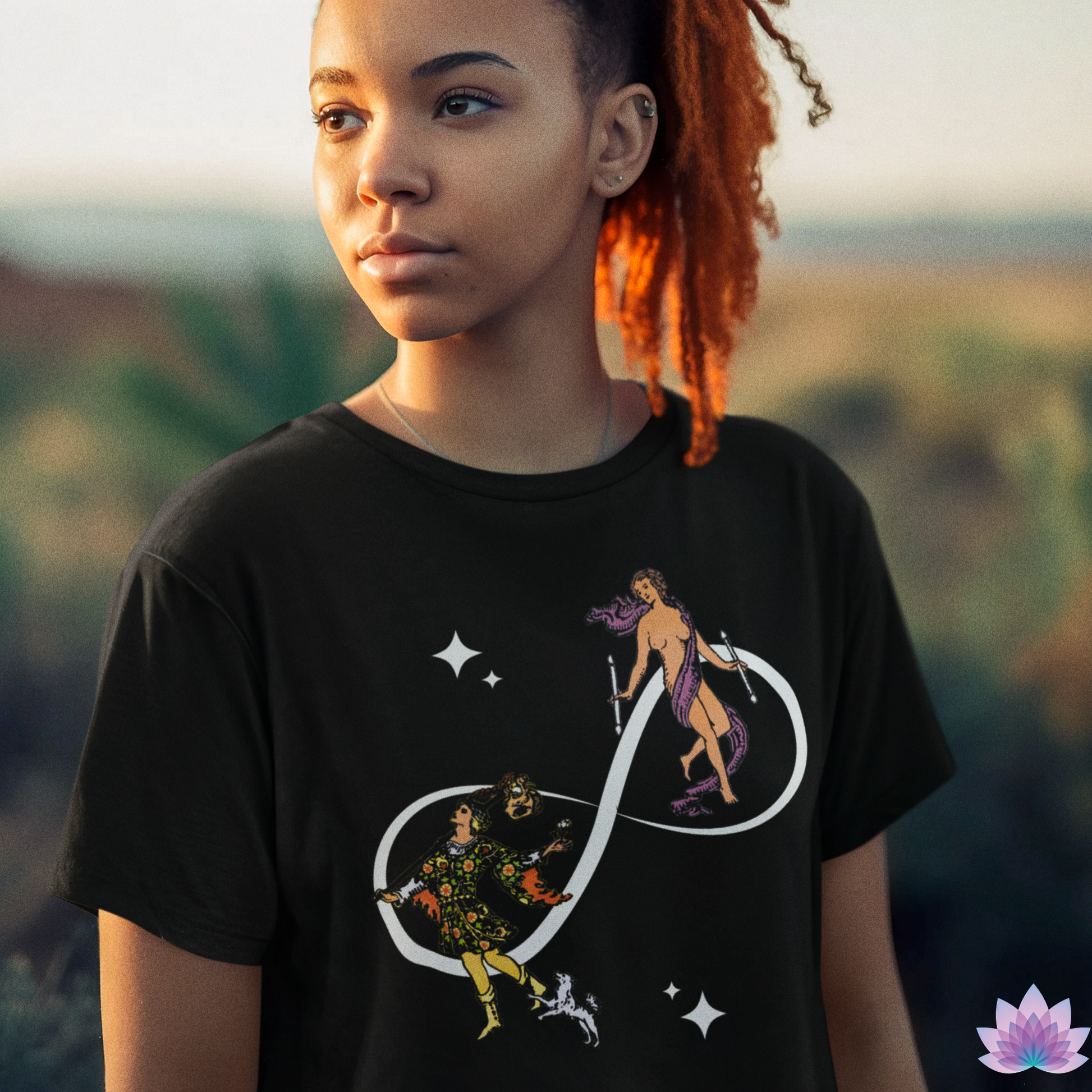 Tarot Fusion T-Shirt • The Fool And The World Cards On Infinite Symbol Black Shirt • Mystical Tee For Men & Women • Tarot Enthusiast Gift • Apollo Tarot Shop