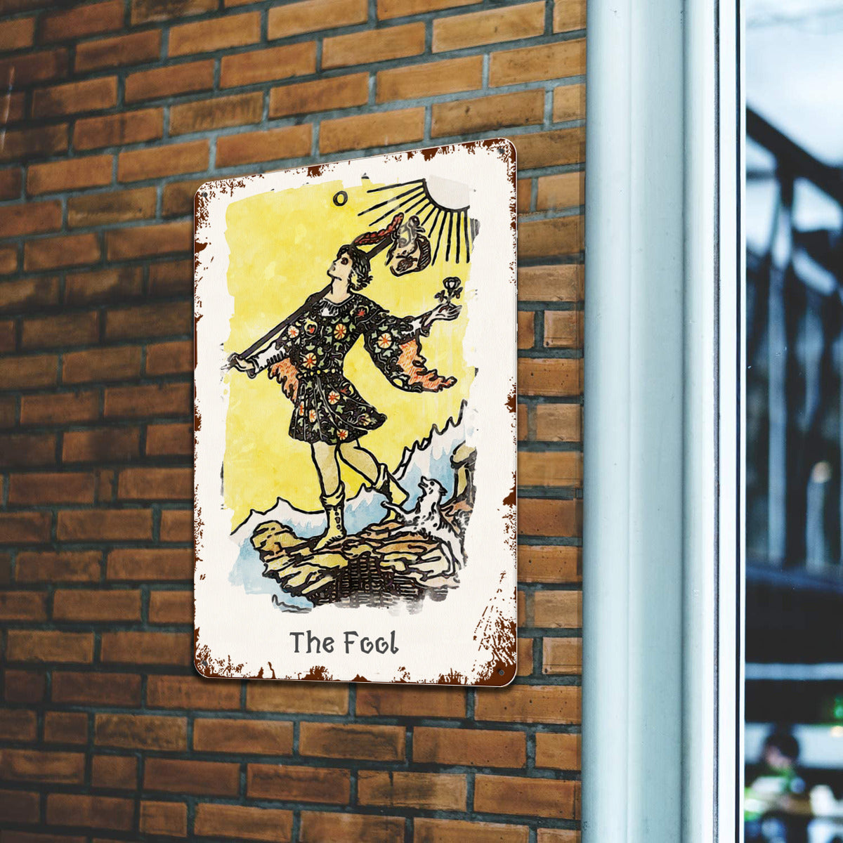 Pintura de carta de tarô com o sinal de lata do tolo • Cartas dos Arcanos Maiores no estilo Waite, impressão em metal vintage