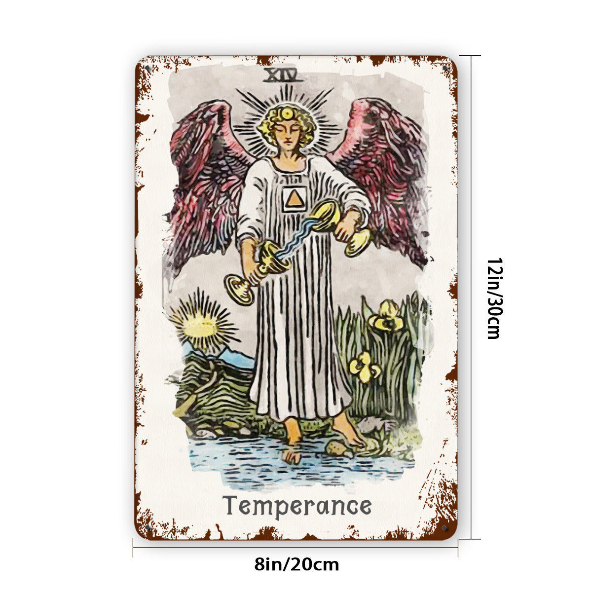 Pintura de carta de tarô com o símbolo da temperança em lata • Cartas estilo Waite com arcanos maiores, impressão em metal vintage