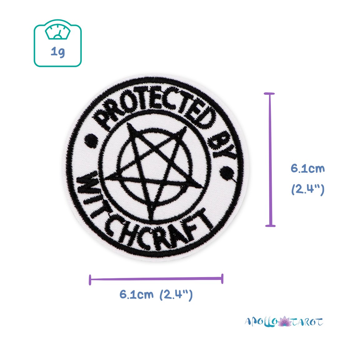 "Protected By Witchcraft" Embroidery Patch | Witchy Iron On Patches For Clothing | Witch Pentacle DIY Thermo-Adhesive Or Sew Badge For Jeans