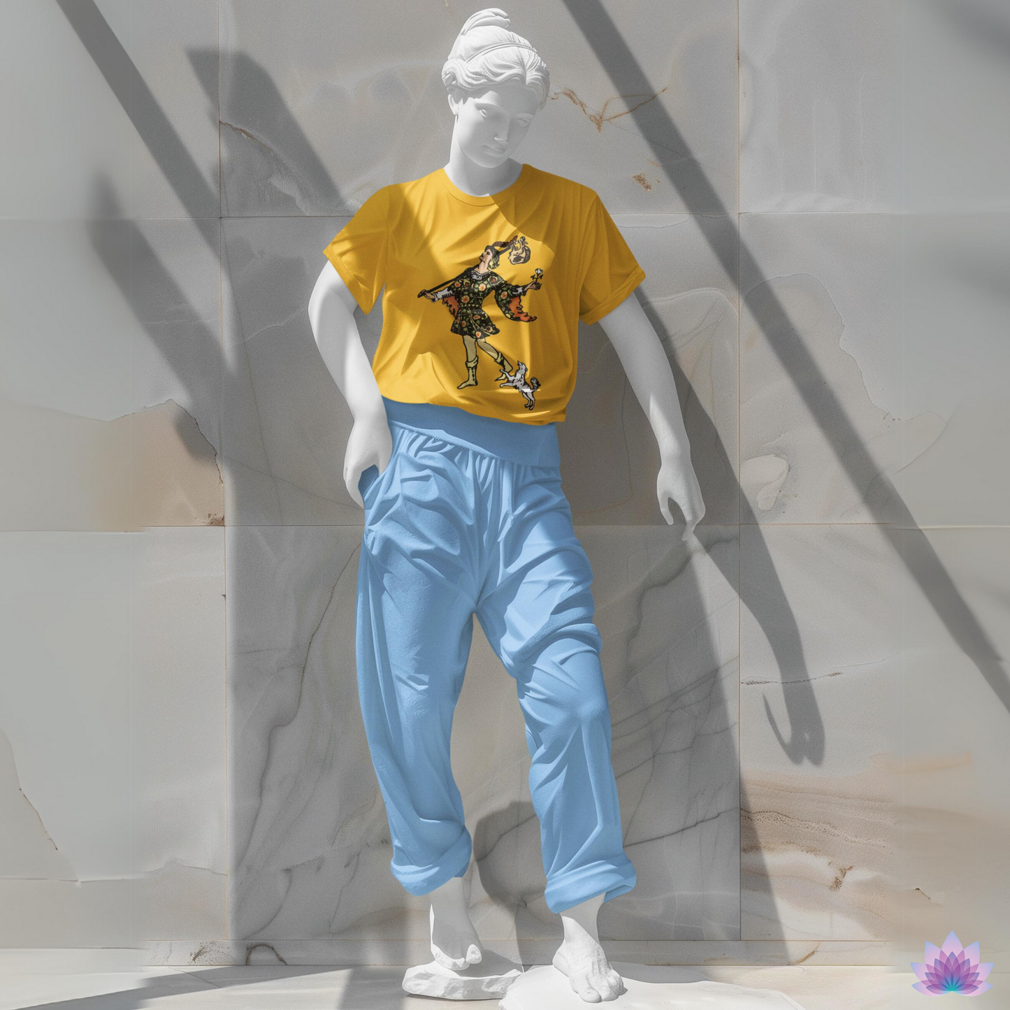 The Fool Tarot Card Unisex Yellow T-Shirt • Custom Witchy Print Apparel Meaningful Gift For Spiritual Men And Women • Apollo Tarot Shop