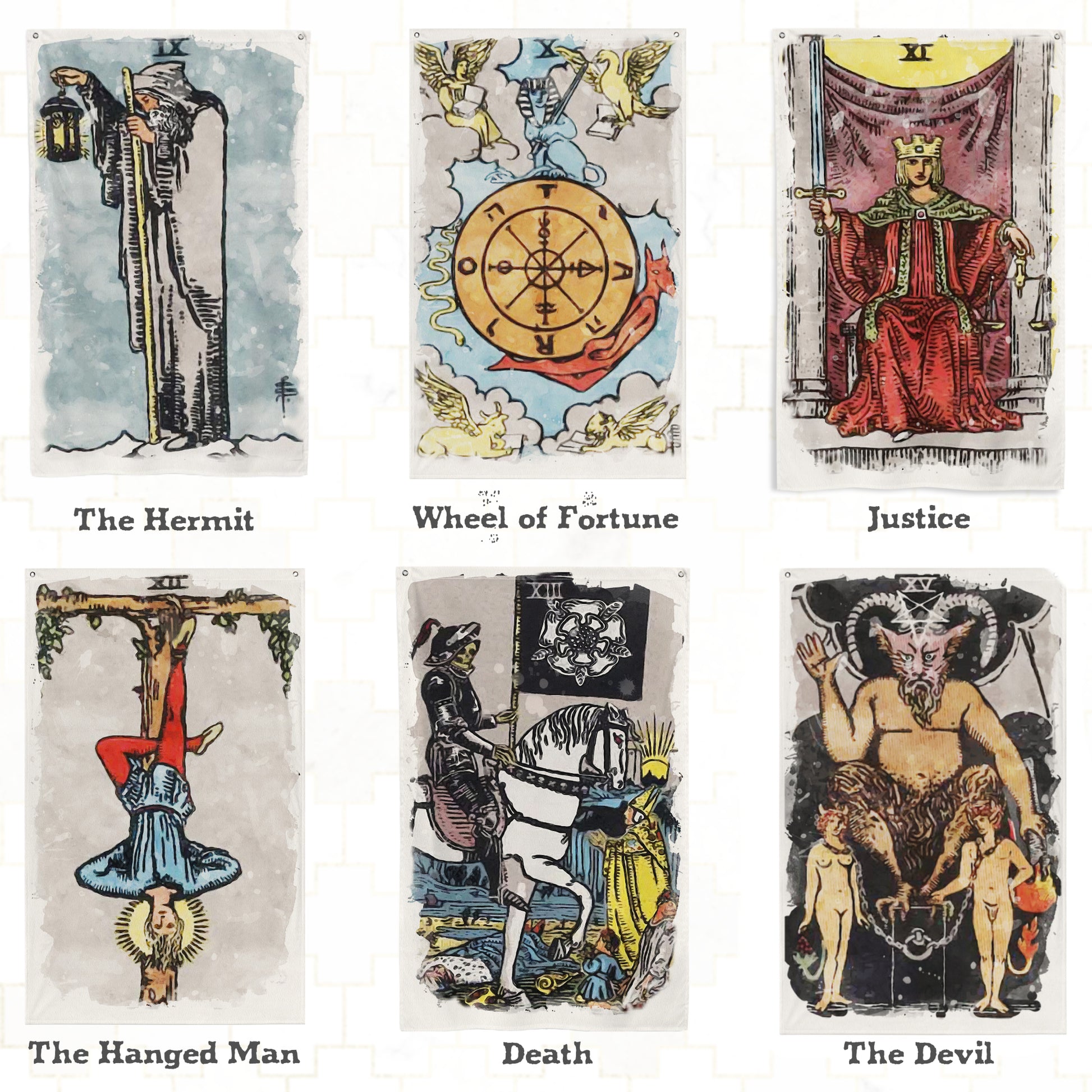 Tarot Tapestry | Wall Art Flags Of Major Arcana Tarot Cards | Wall Hanging Premium Fabric With Installation Kit | Esoteric Witchy Home Decor | Apollo Tarot