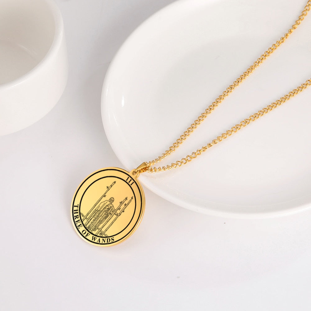 Round Tarot Card Necklace | Suit Of Wands Minor Arcana Rounded Cards Pendant | Unisex Statement Jewelry | Apollo Tarot Shop