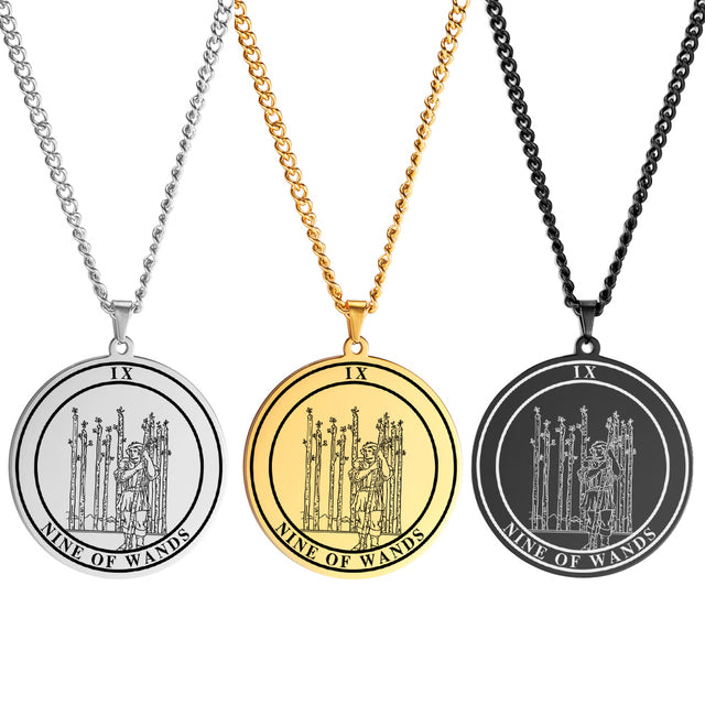 Round Tarot Card Necklace | Suit Of Wands Minor Arcana Rounded Cards Pendant | Unisex Statement Jewelry | Apollo Tarot Shop