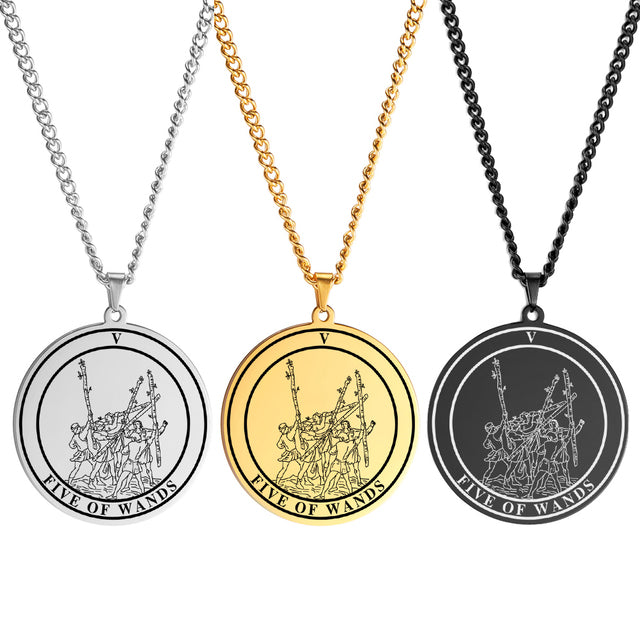 Round Tarot Card Necklace | Suit Of Wands Minor Arcana Rounded Cards Pendant | Unisex Statement Jewelry | Apollo Tarot Shop