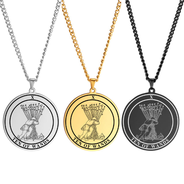 Round Tarot Card Necklace | Suit Of Wands Minor Arcana Rounded Cards Pendant | Unisex Statement Jewelry | Apollo Tarot Shop