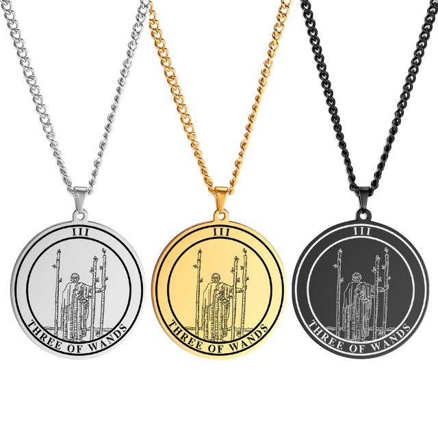 Round Tarot Card Necklace | Suit Of Wands Minor Arcana Rounded Cards Pendant | Unisex Statement Jewelry | Apollo Tarot Shop