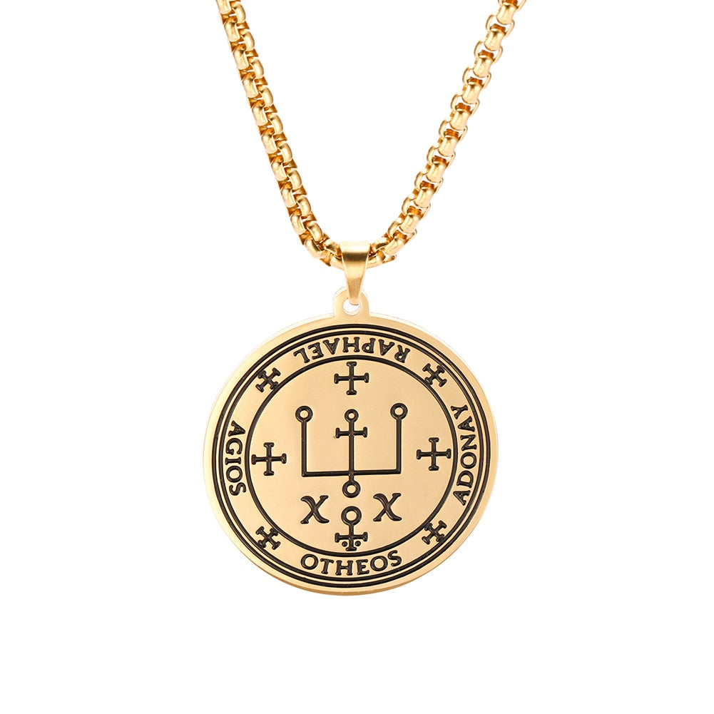 Archangel Sigil Necklaces | Angel Magick Talisman Enochian Amulet | Stainless Steel Long Chain Round Pendants | Apollo Tarot Shop
