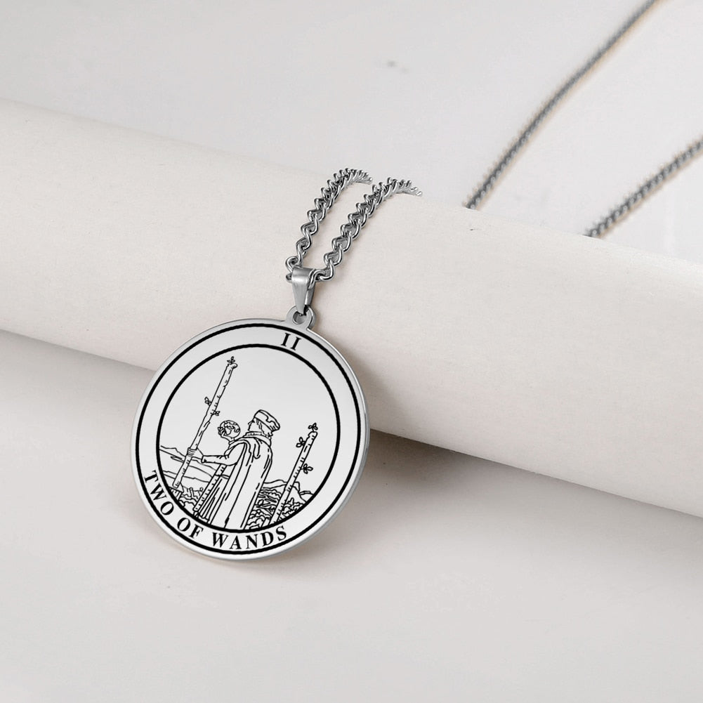 Round Tarot Card Necklace | Suit Of Wands Minor Arcana Rounded Cards Pendant | Unisex Statement Jewelry | Apollo Tarot Shop