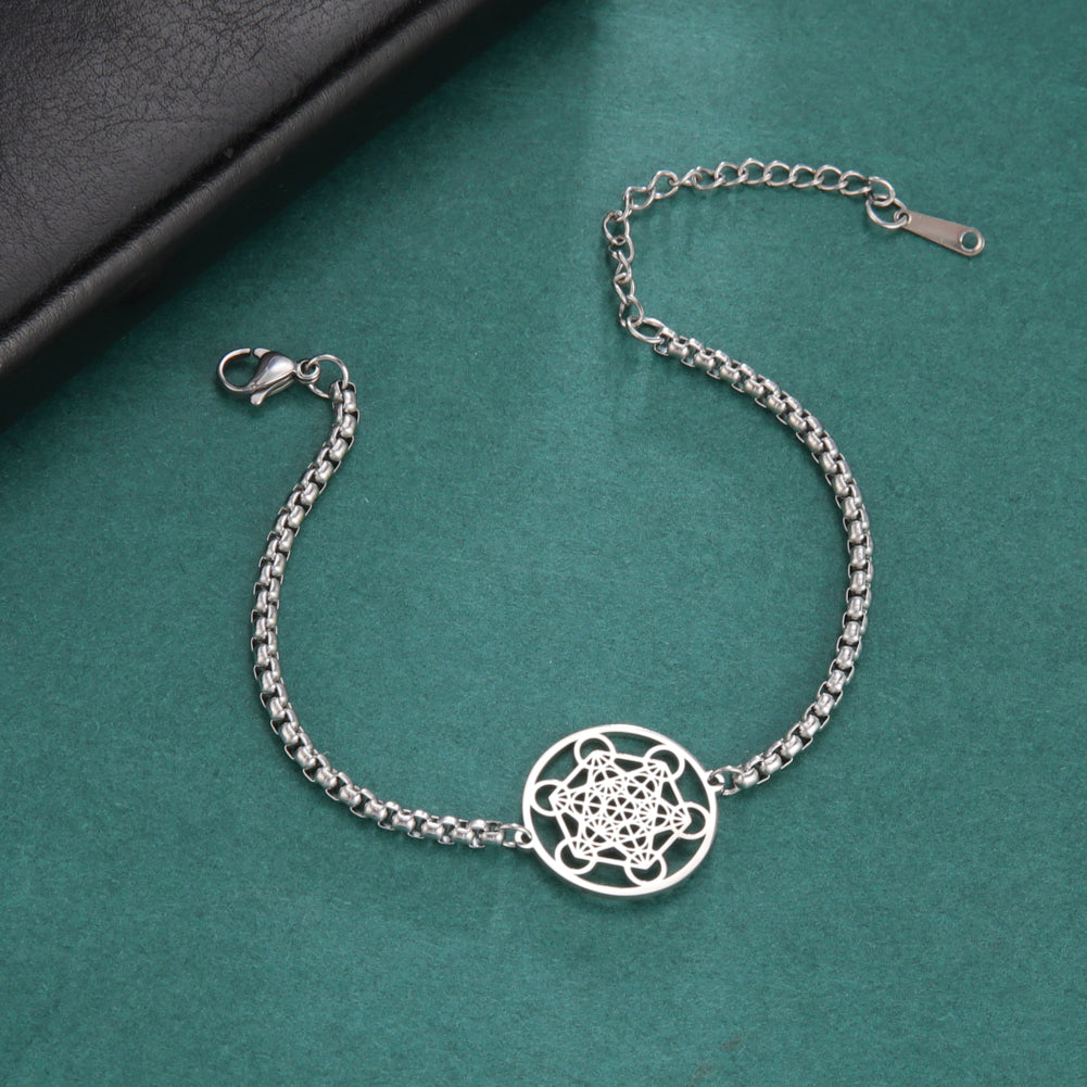 Pulseira Cubo de Metatron | Joia com Sigilo do Arcanjo para Mulheres Espirituais | Acessório de Bruxa em Aço Inoxidável com Geometria Sagrada