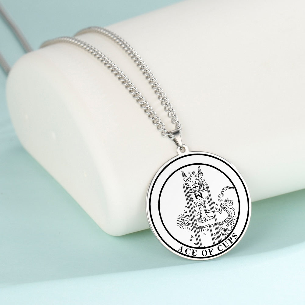 Round Tarot Card Necklace | Suit of Cups Pendants | Minor Arcana Tarot Cards Stainless Steel Jewelry | Apollo Tarot Shop