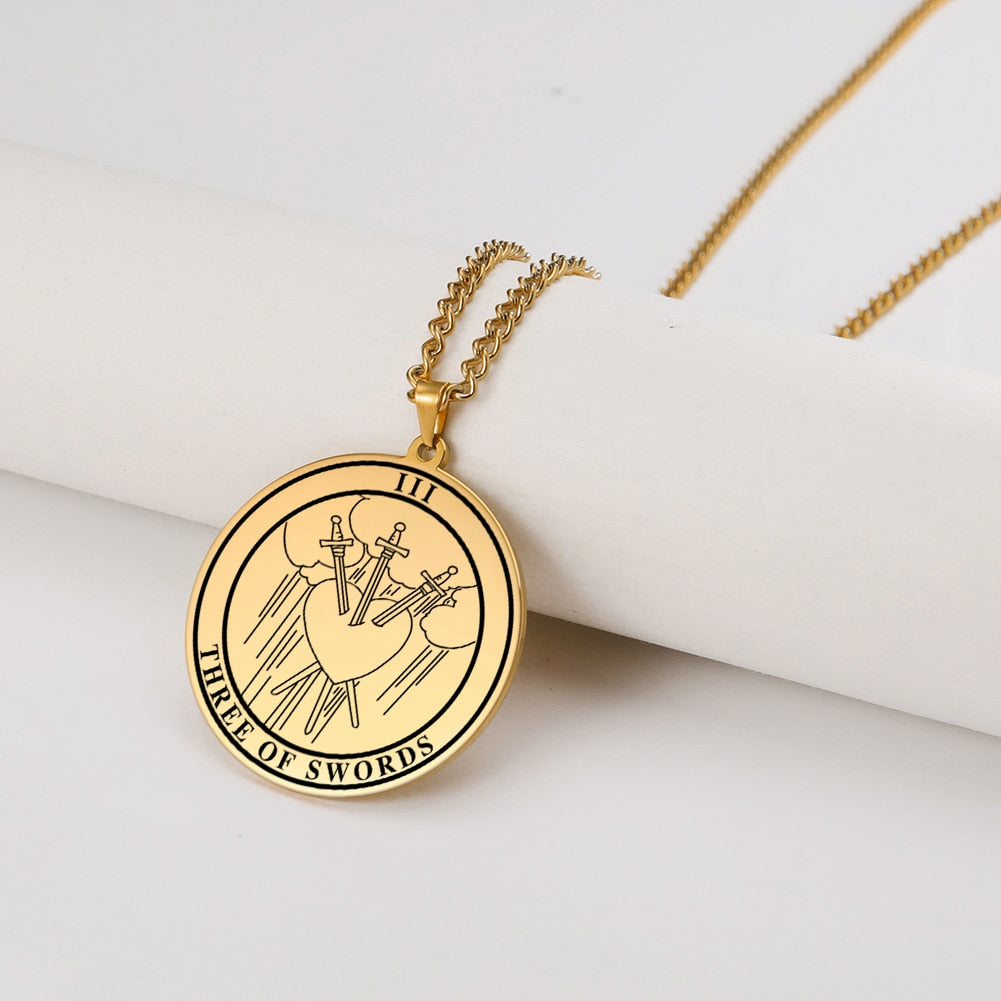 Round Tarot Card Necklace Of The Suit Of Swords Deck Of Cards | Men's Spiritual Jewelry | Minor Arcana Pingents | Apollo Tarot Shop