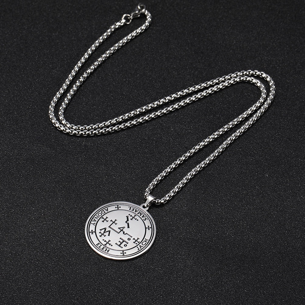 Archangel Sigil Necklaces | Angel Magick Talisman Enochian Amulet | Stainless Steel Long Chain Round Pendants | Apollo Tarot Shoo