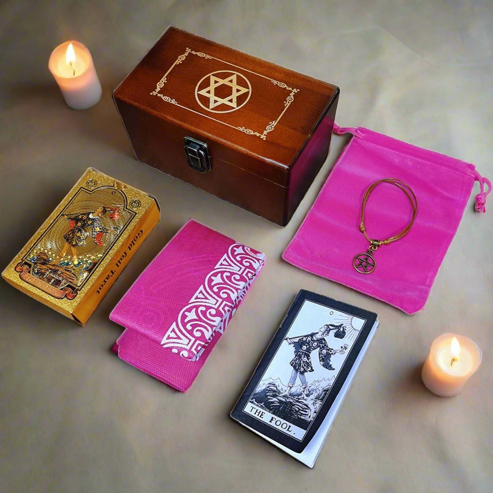 Gold Foil Tarot Deck In A Wooden Gift Box | Universal Tarot Deck Luxury Divination Set Containing Carved Wood Box, Tablecloth, And Guidebook | Apollo Tarot