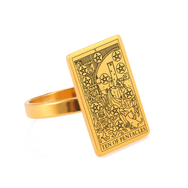Gold Tarot Card Ring | Charms From The Suit Of Pentacles Rider-Waite-Smith Deck | Apollo Tarot