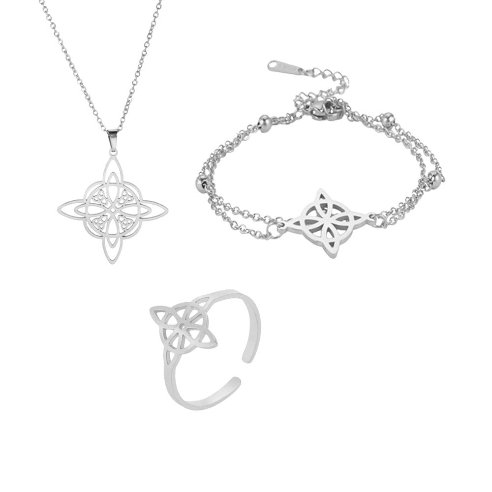 Witch Knot Jewelry Set | Witchy Celtic Necklace, Bracelet, Earring, & Ring Four-Piece Set | Witchcraft Amulet Gift For Wiccan Pagan Women | Apollo Tarot Shop