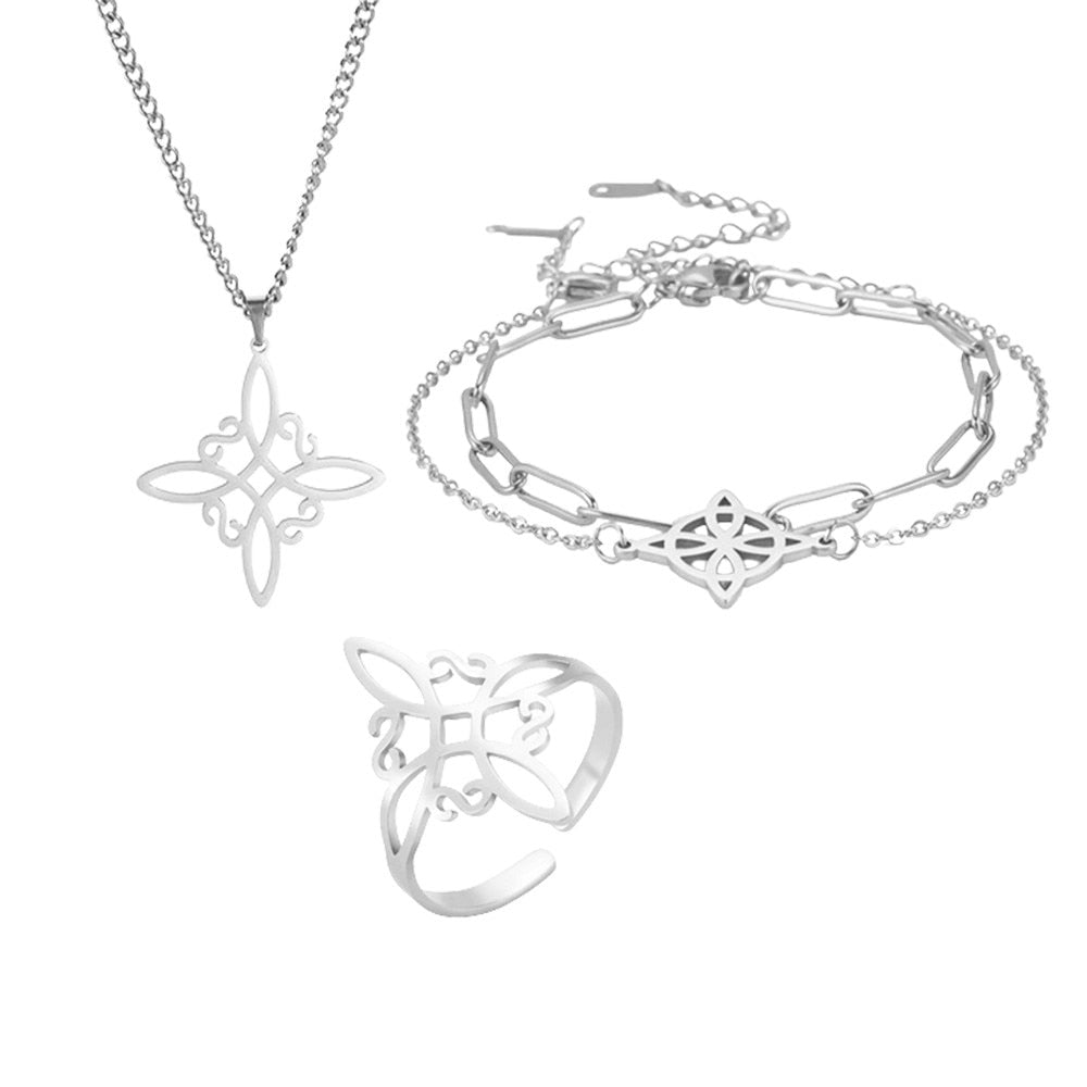 Witch Knot Jewelry Set | Witchy Celtic Necklace, Bracelet, Earring, & Ring Four-Piece Set | Witchcraft Amulet Gift For Wiccan Pagan Women | Apollo Tarot Shop