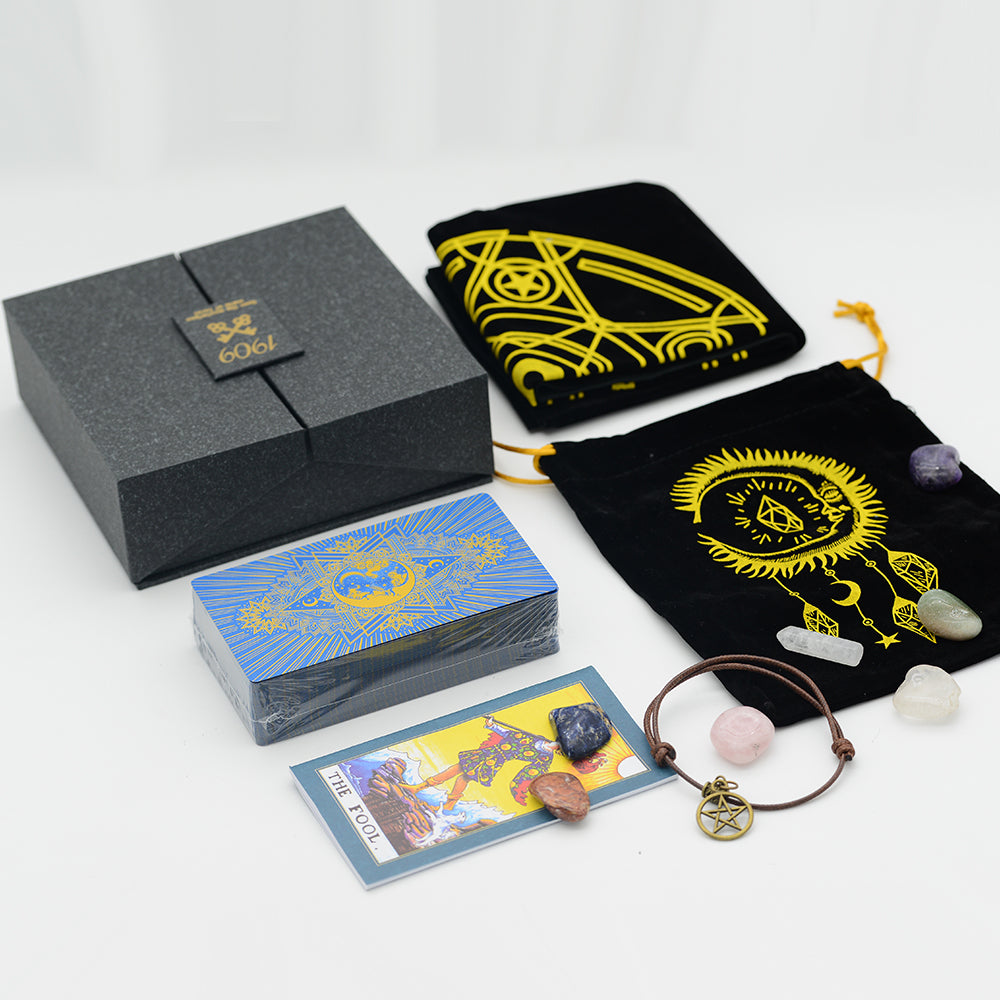 Gold Foil Tarot Deck | 1909 Blue Or Green Colored Plastic Premium Cards | Luxury Divination Gift Box W/ Tablecloth, Deck Pouch, English Guidebook, Crystal Stones & Amulet | Apollo Tarot Shop