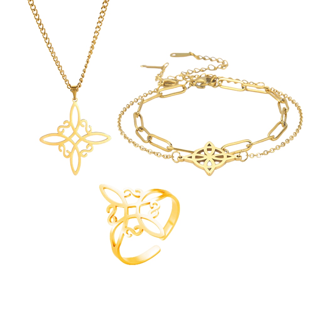 Witch Knot Jewelry Set | Witchy Celtic Necklace, Bracelet, Earring, & Ring Four-Piece Set | Witchcraft Amulet Gift For Wiccan Pagan Women | Apollo Tarot Shop