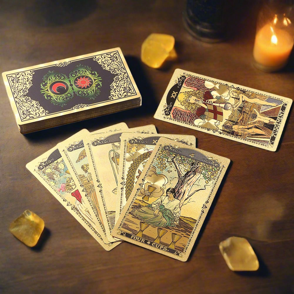 Gold Foil Tarot Deck | High-End Box + Waterproof, Wear-Resistant, Golden Plastic Cards + English Guidebook | Rider-Waite Inspired Divination Gift Set | Apollo Tarot Shop