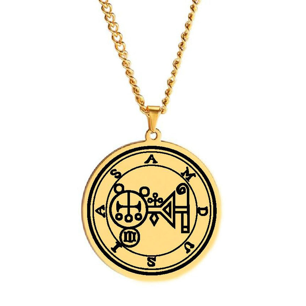 Gold Pendant Necklace With Seals Of The 72 Spirits In The Lesser Key of Solomon (Sigils 61-72) | Apollo Tarot Jewelry Shop