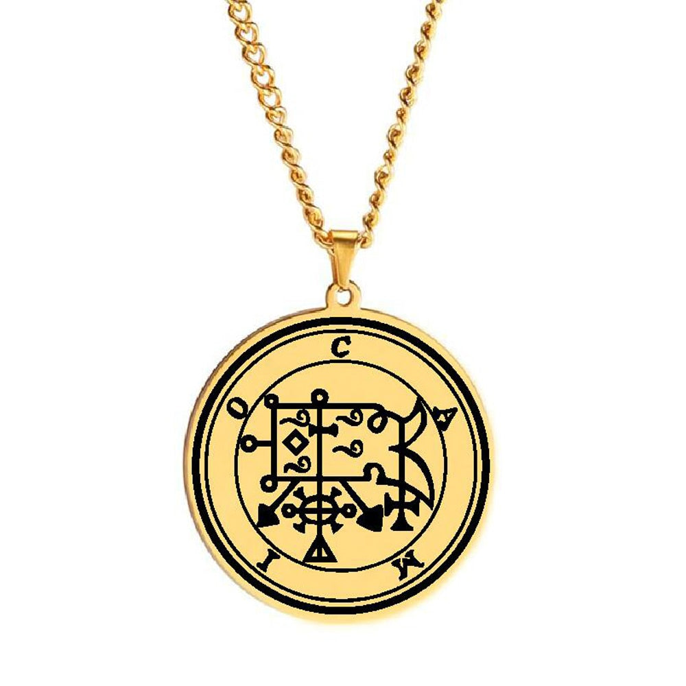 Gold Pendant Necklace With Seals Of The 72 Spirits In The Lesser Key of Solomon (Sigils 49-60) | Apollo Tarot Jewelry Shop