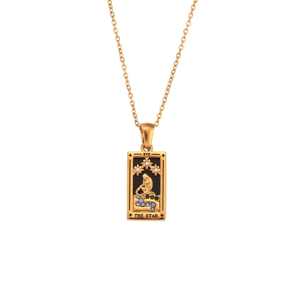 Tarot Card Necklace | Dainty Gold-Plated Witchy Jewelry | Enamel & Cubic Zirconia Oracle Cards Pendants | Apollo Tarot Shop