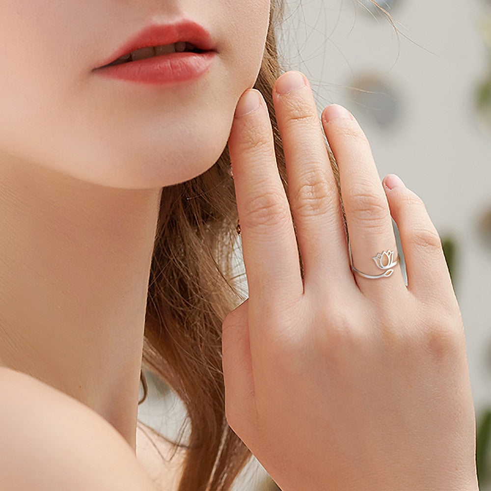 Lotus Flower Ring | Ohm Yoga Jewelry For Spiritual Women | Om Symbol Adjustable Rings Amulet | Religious Gift Accessory | Apollo Tarot Shop