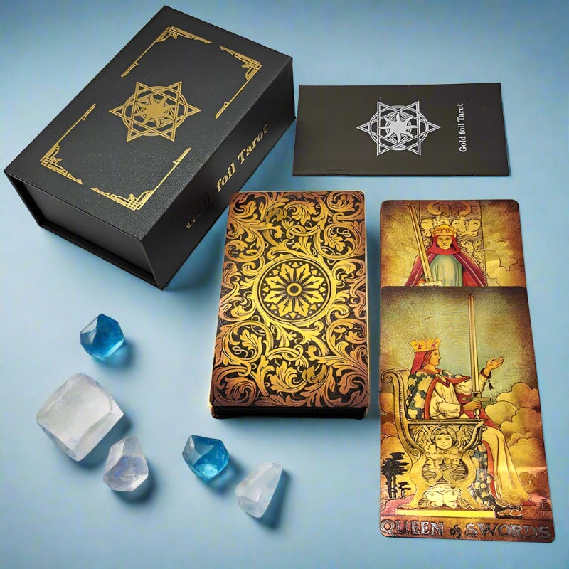 Gold Foil Tarot Deck | Luxury PVC Waterproof Wear-Resistant Tarot Cards In Antique Faded Golden Style | Premium Divination Gift Box + English Guidebook | Apollo Tarot Shop