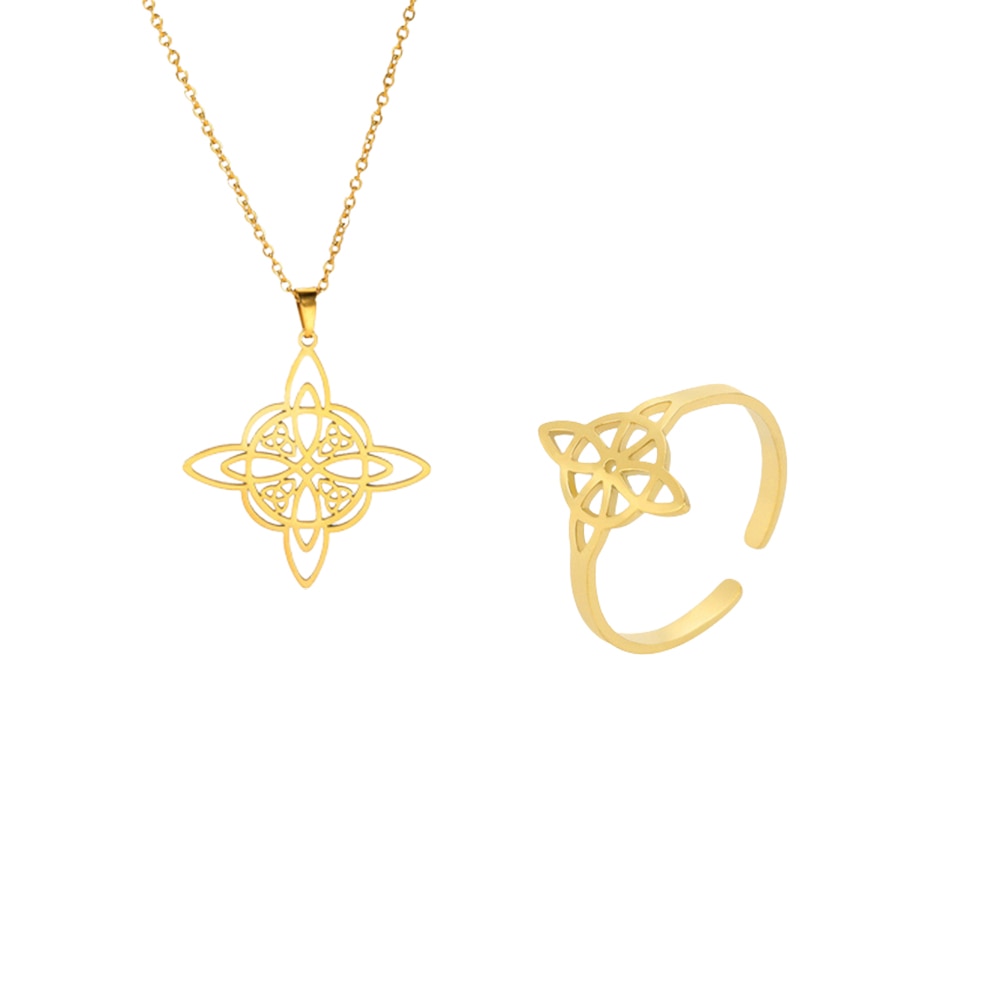 Witch Knot Jewelry Set | Witchy Celtic Necklace, Bracelet, Earring, & Ring Four-Piece Set | Witchcraft Amulet Gift For Wiccan Pagan Women | Apollo Tarot Shop