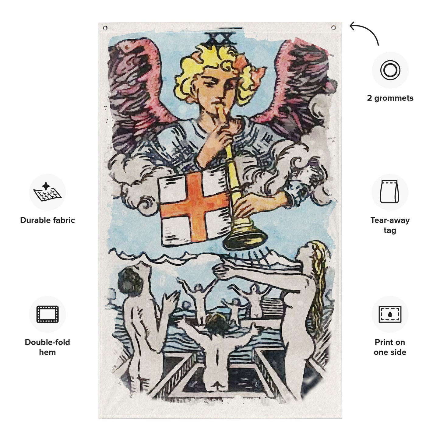 Decorative Wall Tapestry Of The Judgement Tarot Card | Esoteric Watercolor Art Flag | Apollo Tarot