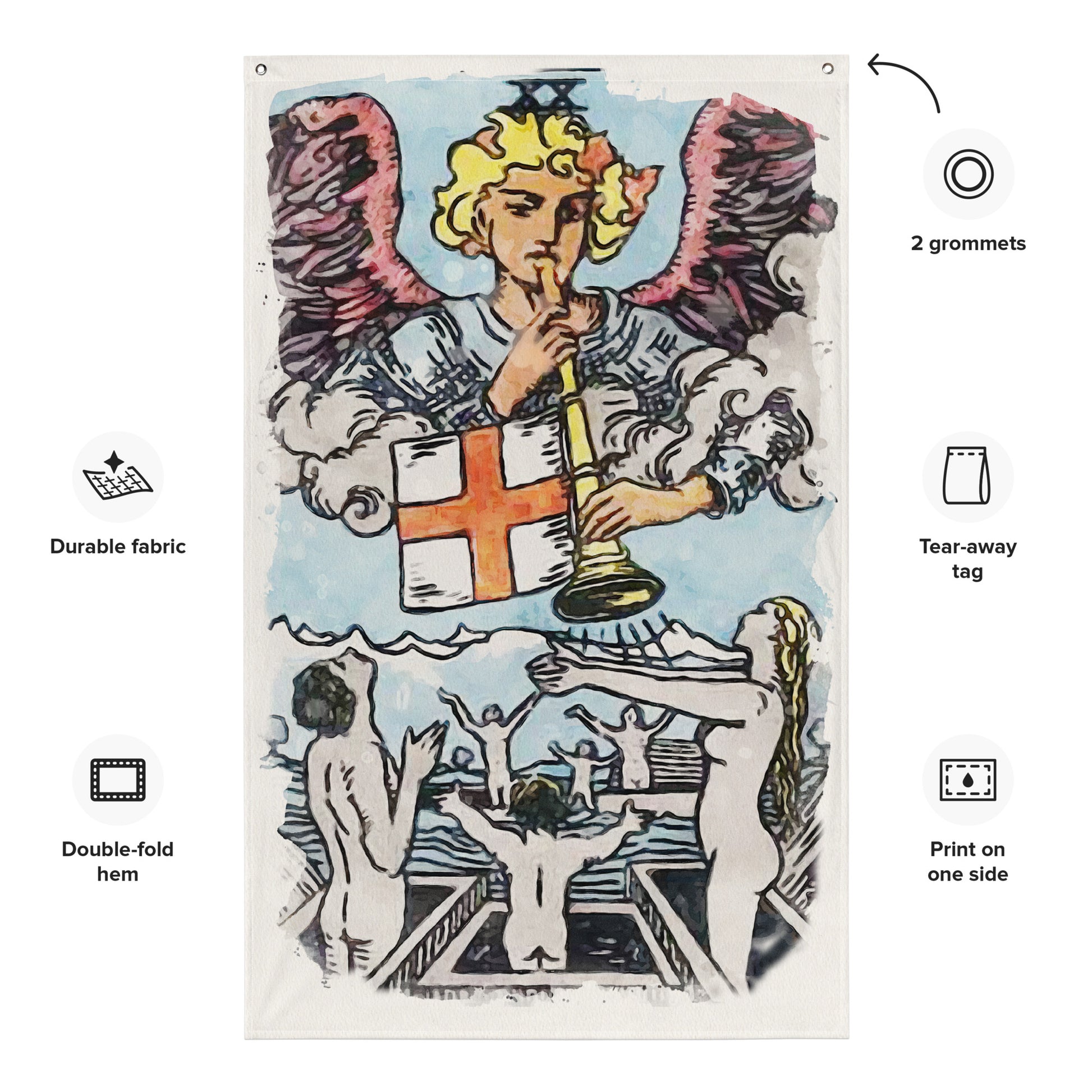 Decorative Wall Tapestry Of The Judgement Tarot Card | Esoteric Watercolor Art Flag | Apollo Tarot