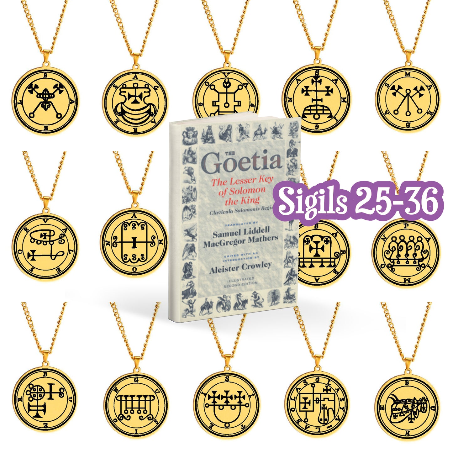 Gold Necklace Of Demon Sigil From The Lesser Key Of Solomon | Goetia Magick Pendants (Sigils 25-36) | Apollo Tarot Jewelry Shop