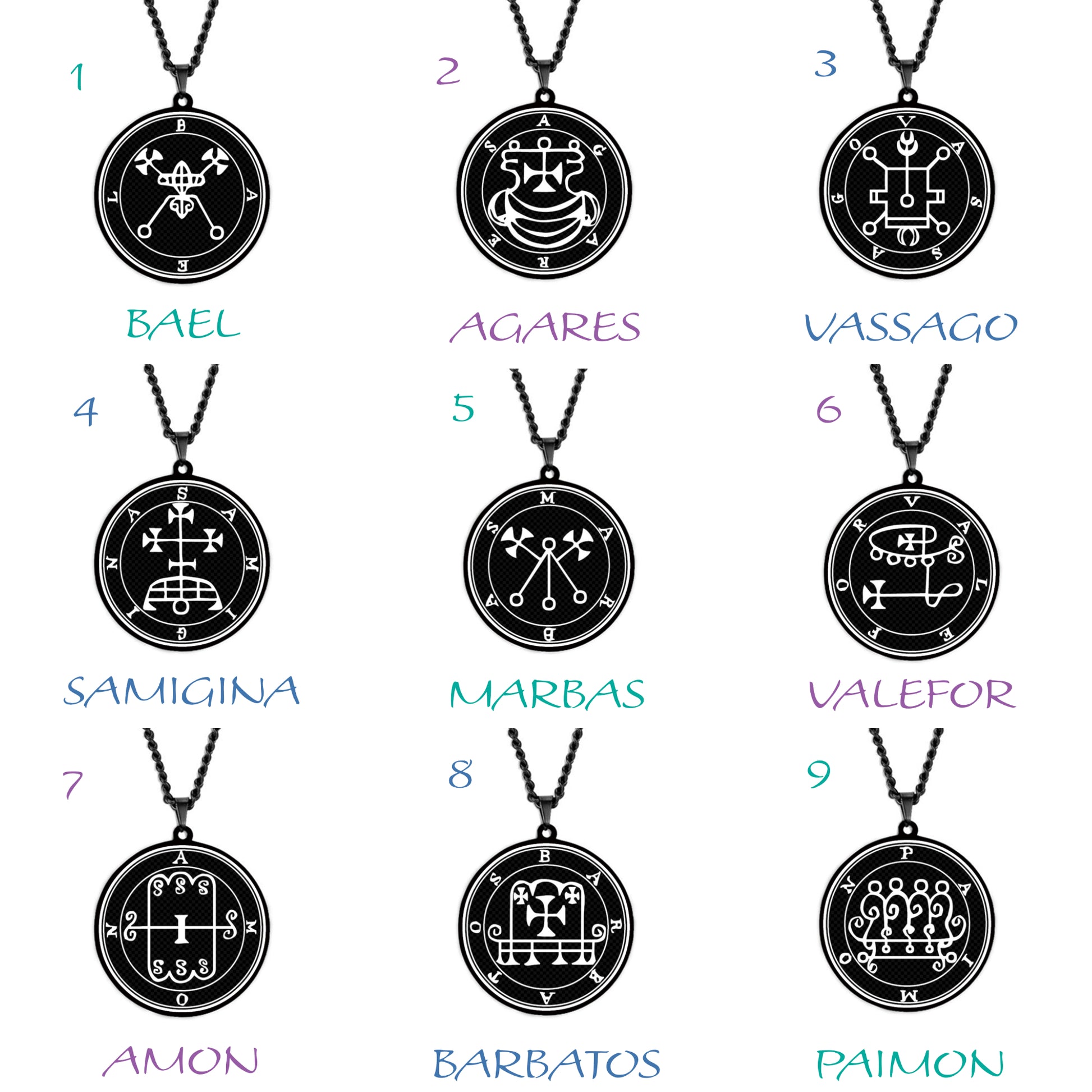 Black Necklace With Seals Of The 72 Spirits In The Lesser Key of Solomon | King Asmoday Demon Origins Goetia Stainless Steel Pendant | Apollo Tarot Jewelry Shop