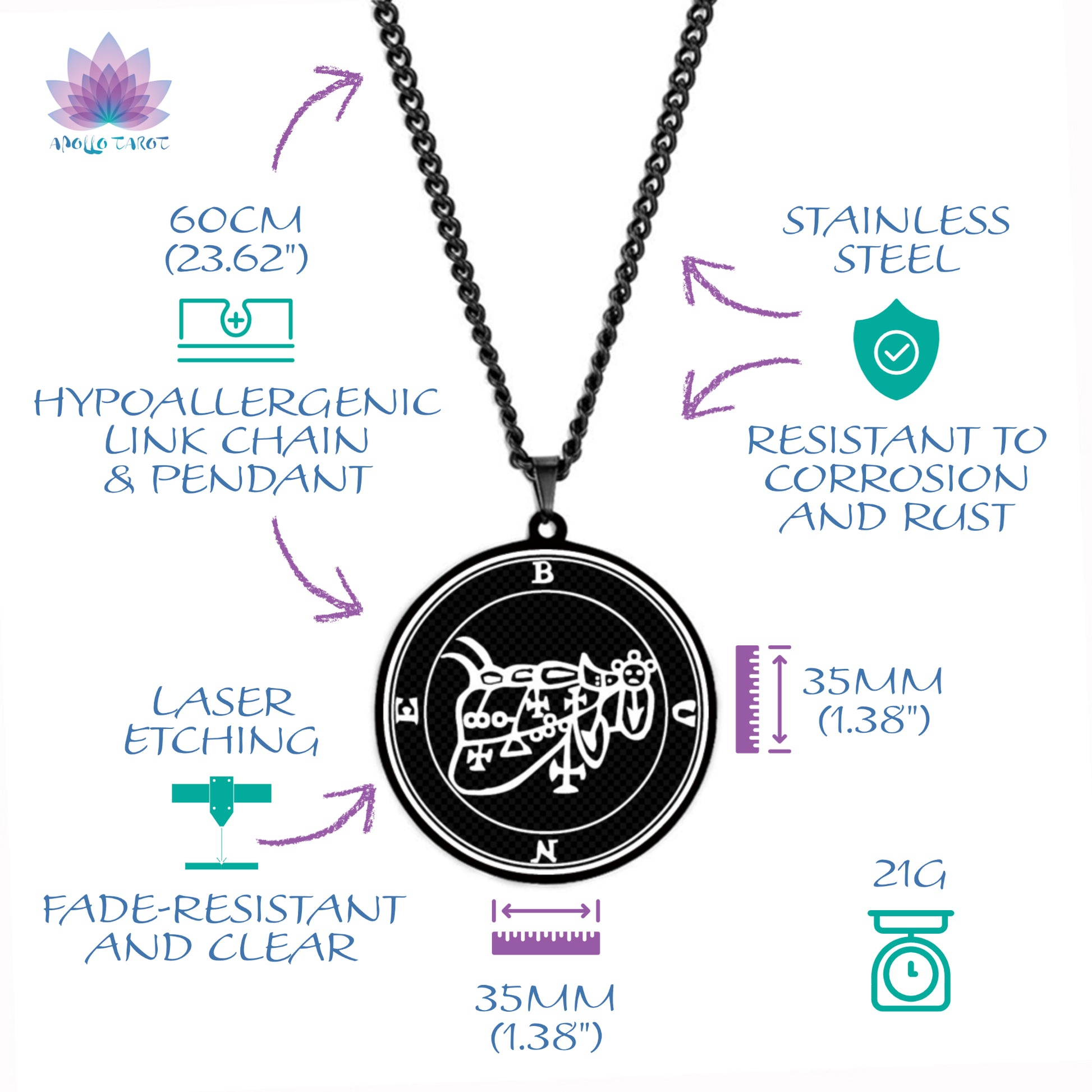 Black Necklace With Seals Of The 72 Spirits In The Lesser Key of Solomon | King Asmoday Demon Origins Goetia Stainless Steel Pendant | Apollo Tarot Jewelry Shop