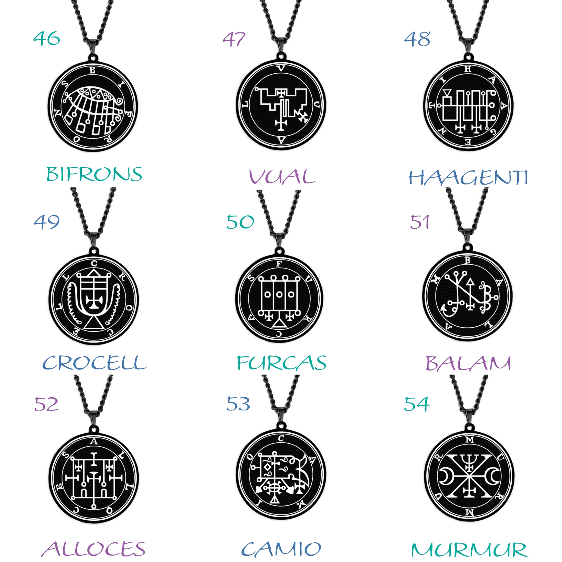 Black Necklace With Seals Of The 72 Spirits In The Lesser Key of Solomon | King Asmoday Demon Origins Goetia Stainless Steel Pendant | Apollo Tarot Jewelry Shop