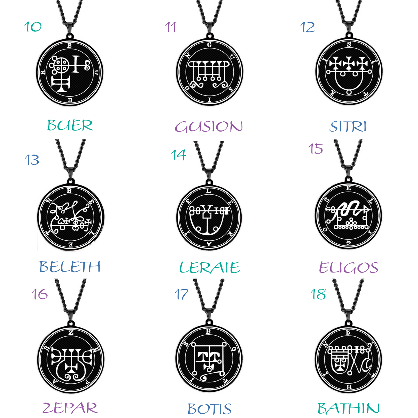 Black Pendant Necklace With Seals Of The 72 Spirits In The Lesser Key of Solomon | King Asmoday Demon Origins Goetia Goth Jewelry | Apollo Tarot Jewelry Shop