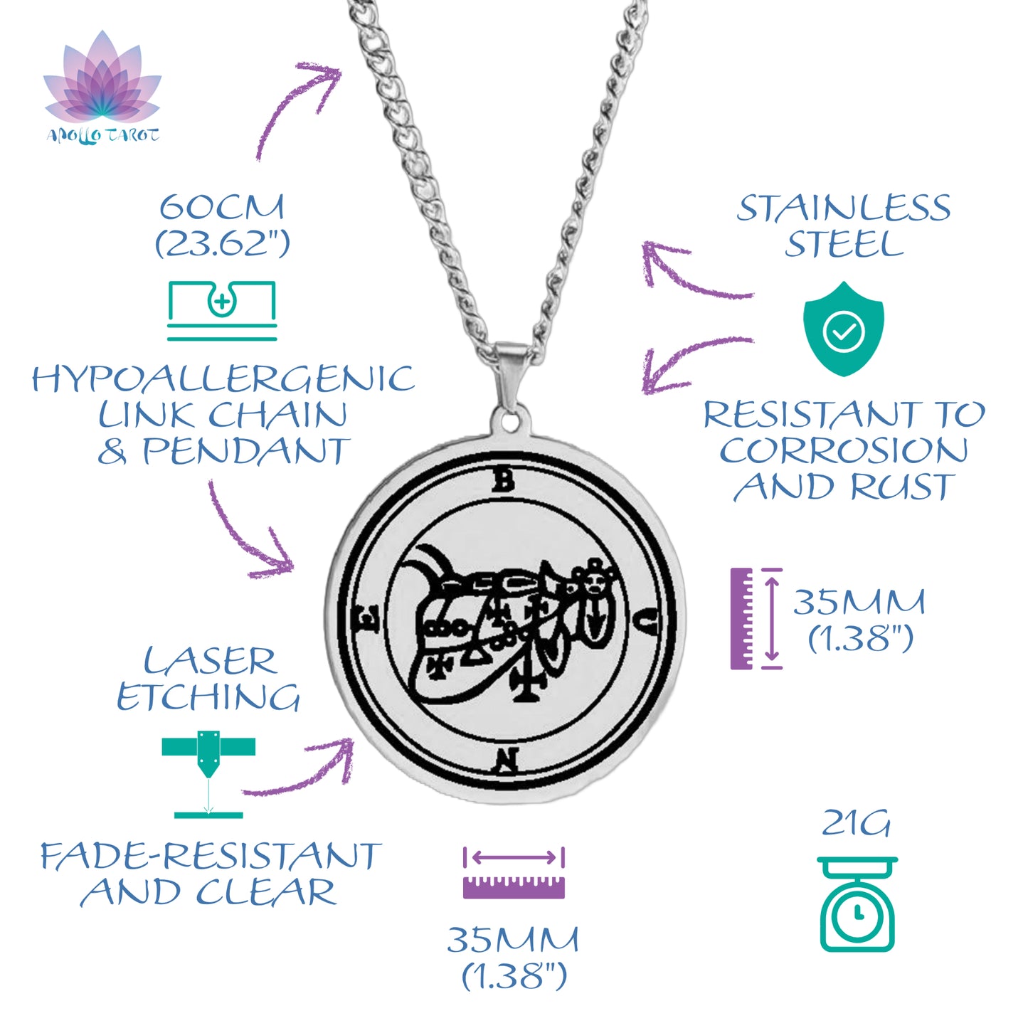 Silver Pendant Necklace With Seals Of The 72 Spirits In The Lesser Key of Solomon (Sigils 37-48)