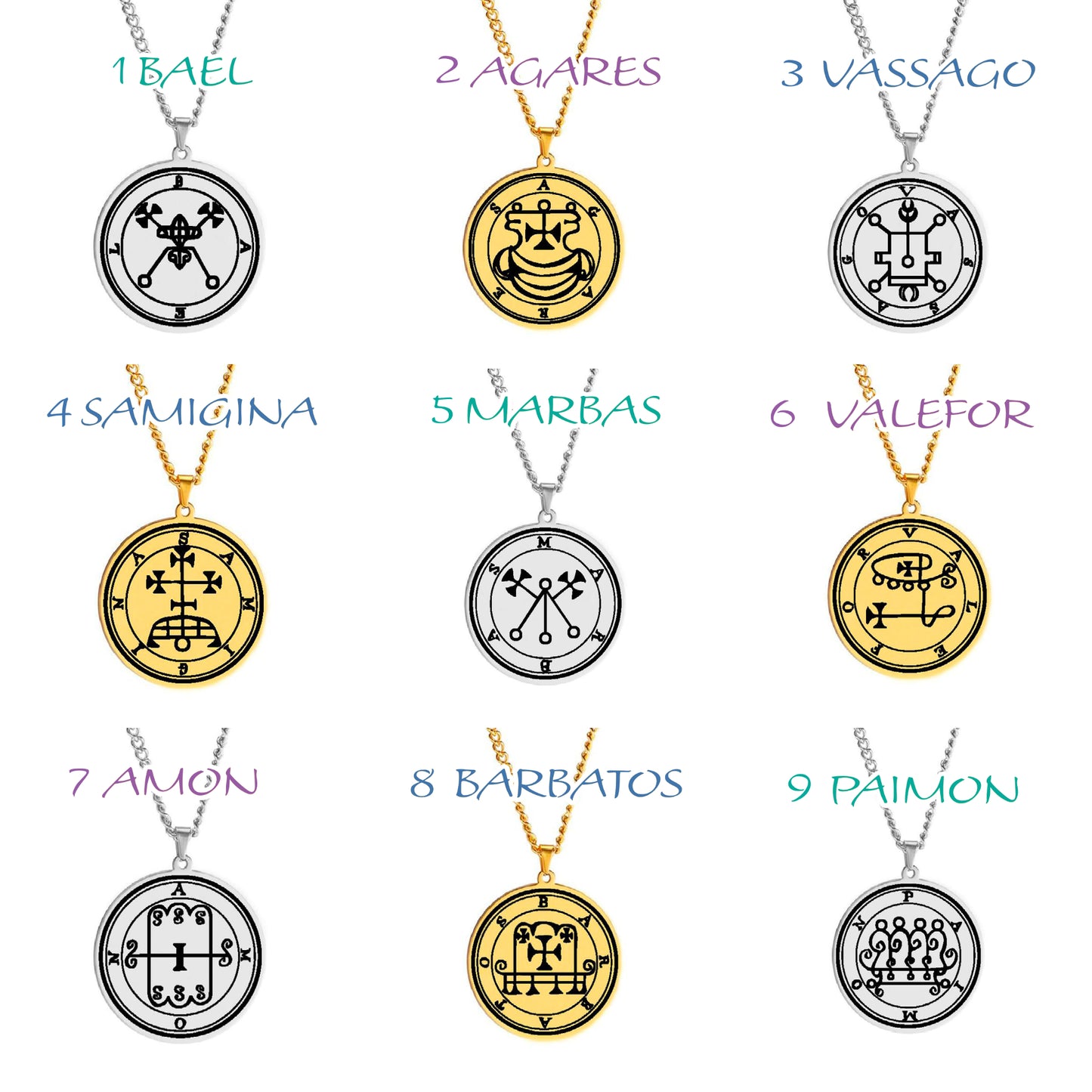 Gold Pendant Necklace With Seals Of The 72 Spirits In The Lesser Key of Solomon (Sigils 61-72) | Apollo Tarot Jewelry Shop