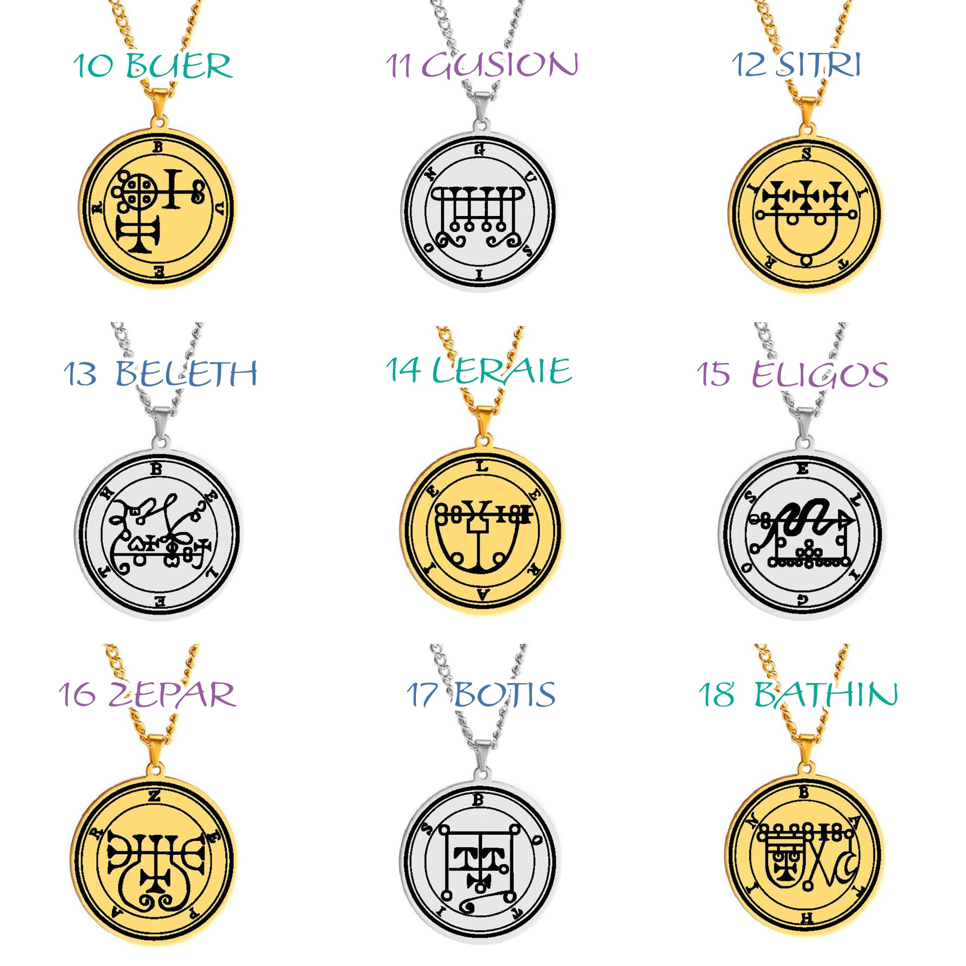 Gold Pendant Necklace With Seals Of The 72 Spirits In The Lesser Key of Solomon (Sigils 37-48) | Apollo Tarot Jewelry Shop