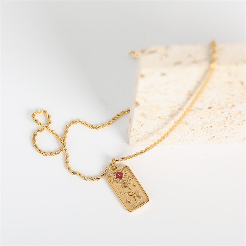 Colar de Tarô Vintage | Aço Inoxidável Dourado | Cartas de Tarô O Sol, A Estrela, Os Amantes