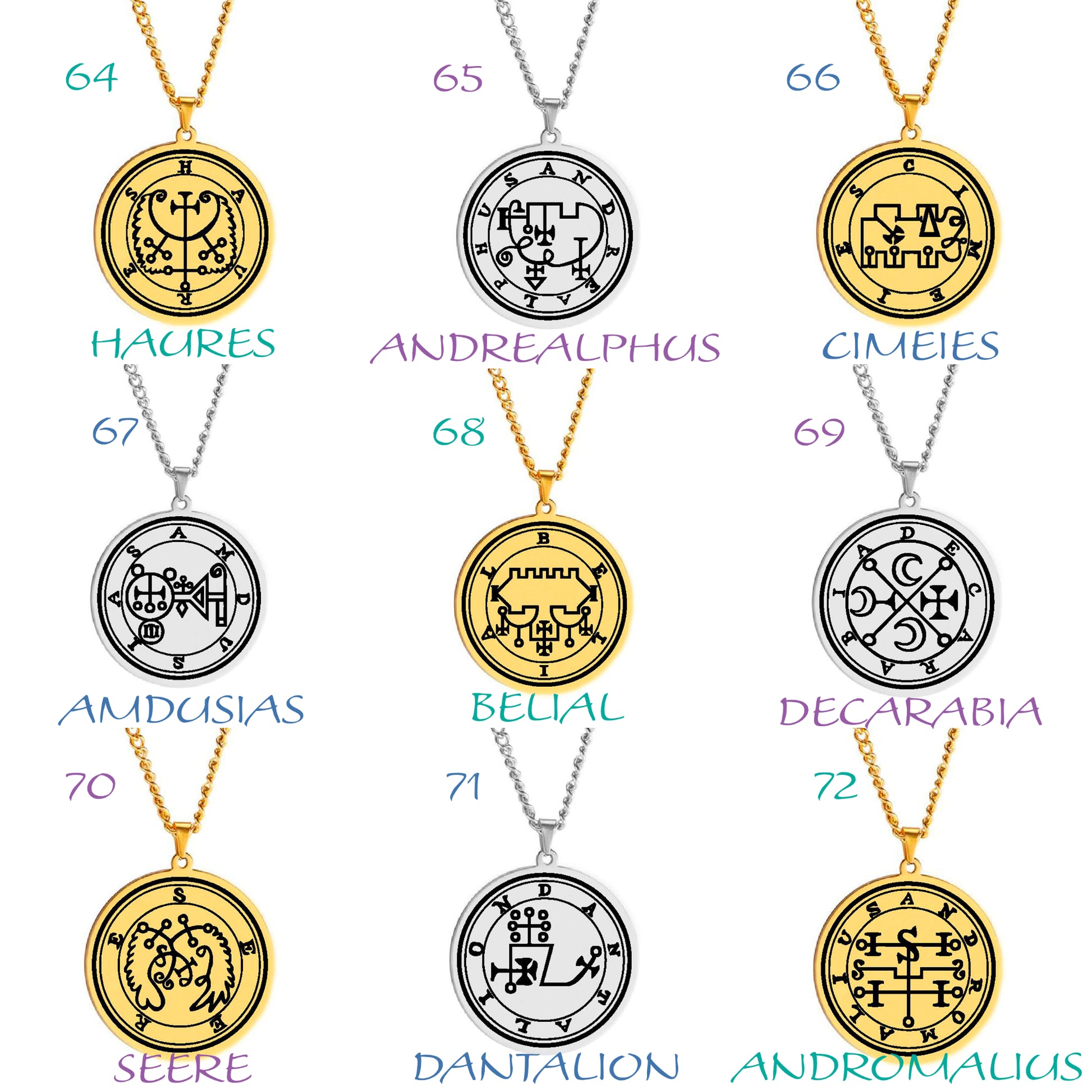 Gold Pendant Necklace With Seals Of The 72 Spirits In The Lesser Key of Solomon (Sigils 37-48) | Apollo Tarot Jewelry Shop