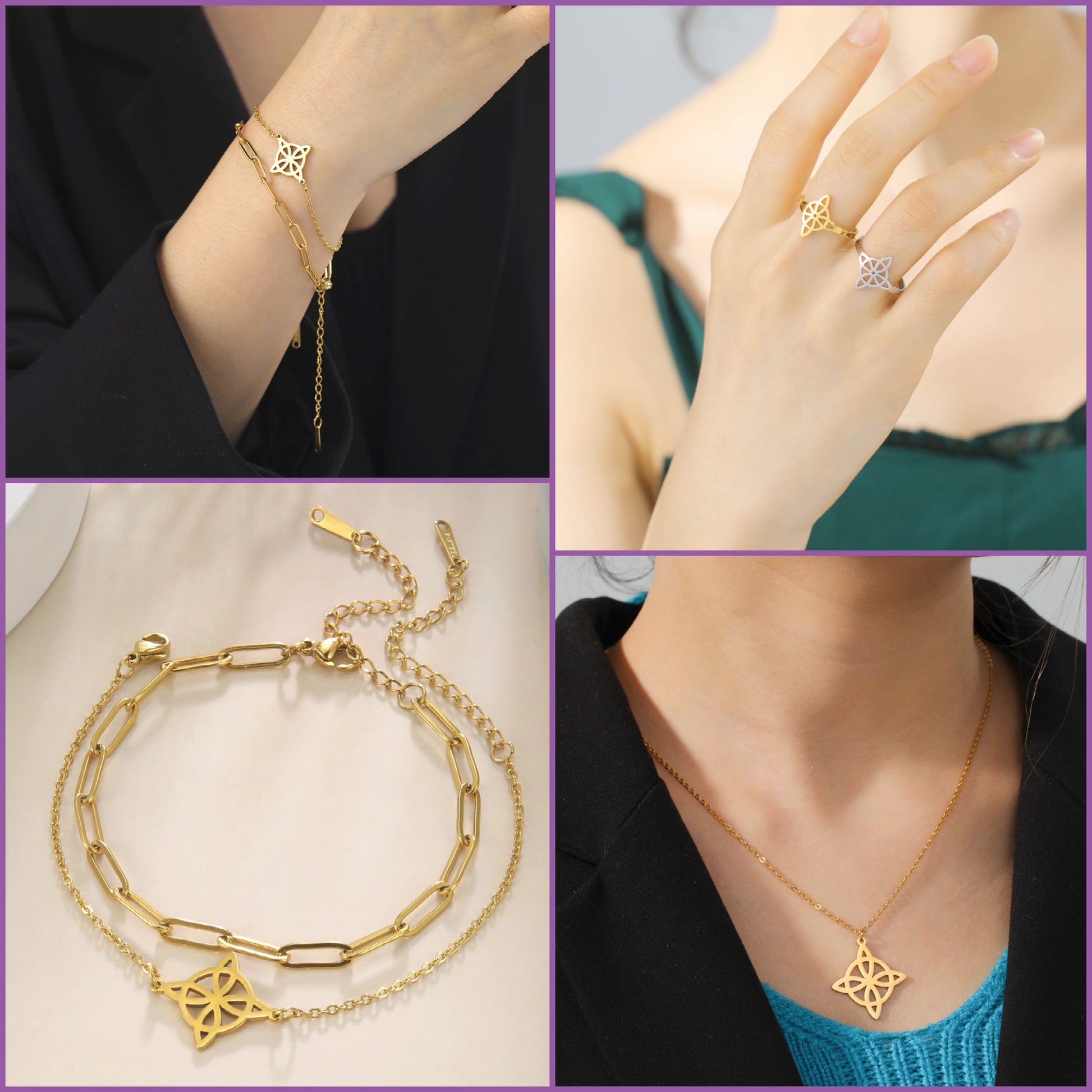 Witch's Knot Jewelry Set | Witchy Celtic Necklace, Bracelet, Earring, & Ring Four-Piece Set | Witchcraft Amulet Gift For Wiccan Pagan Women | Apollo Tarot Shop