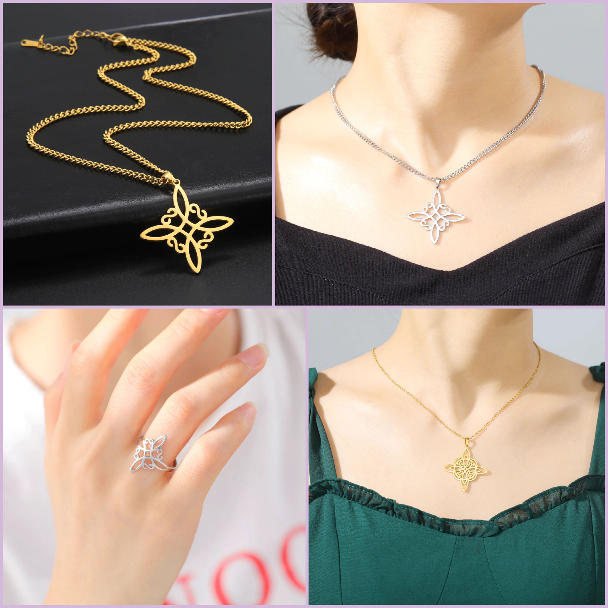 Witch's Knot Jewelry Set | Witchy Celtic Necklace, Bracelet, Earring, & Ring Four-Piece Set | Witchcraft Amulet Gift For Wiccan Pagan Women | Apollo Tarot Shop