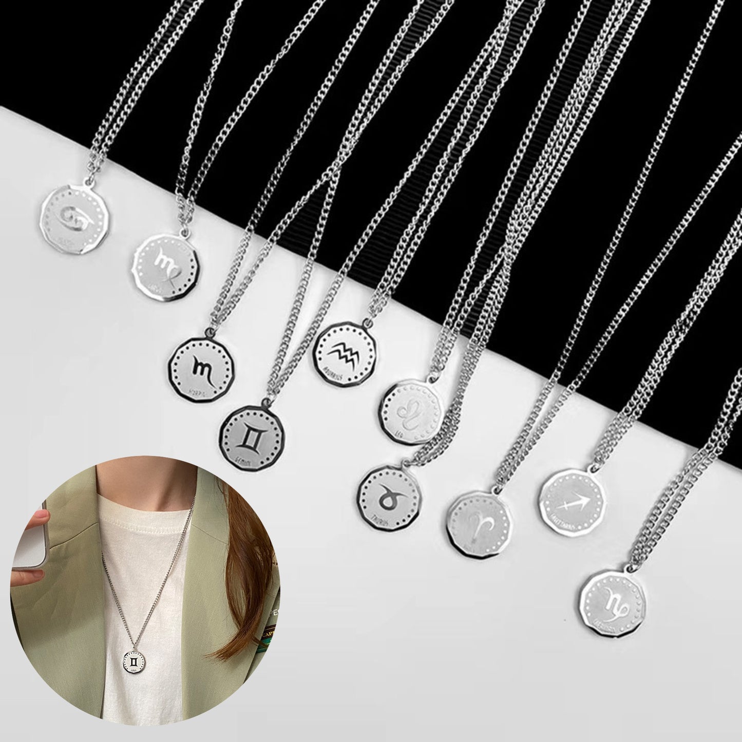 Twelve Constellation Long Necklace | 12 Zodiac Signs Round Silver Color Pendant | Witchy Birthday Gift Jewelry For Spiritual Men & Women | Apollo Tarot Shop